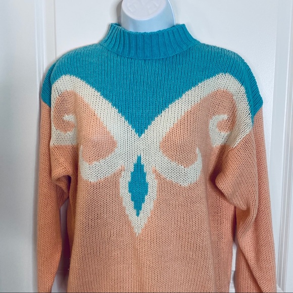 VINTAGE Pale Pink & Blue Mock Neck Sweater Size M - Picture 3 of 10